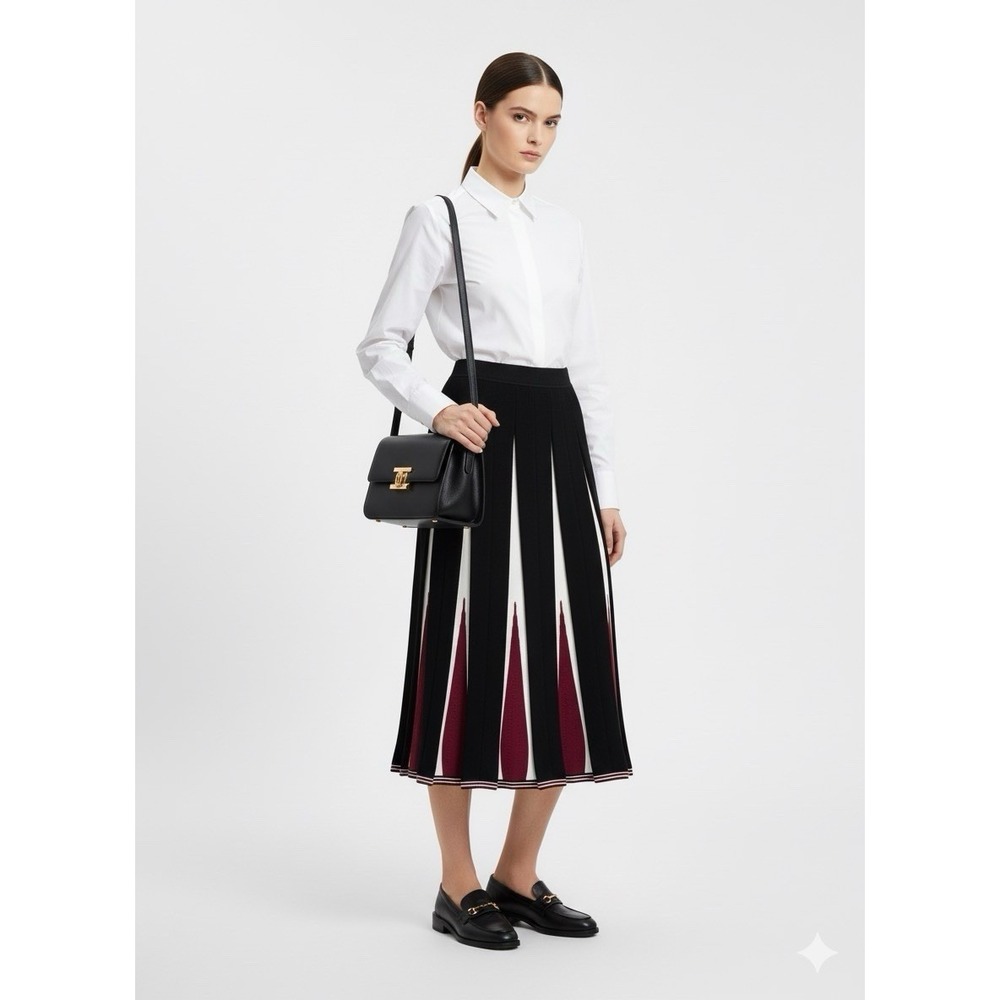 Nicaya White Black Red Sz M Sweater Skirt Pleated High Waist Modest Office‎